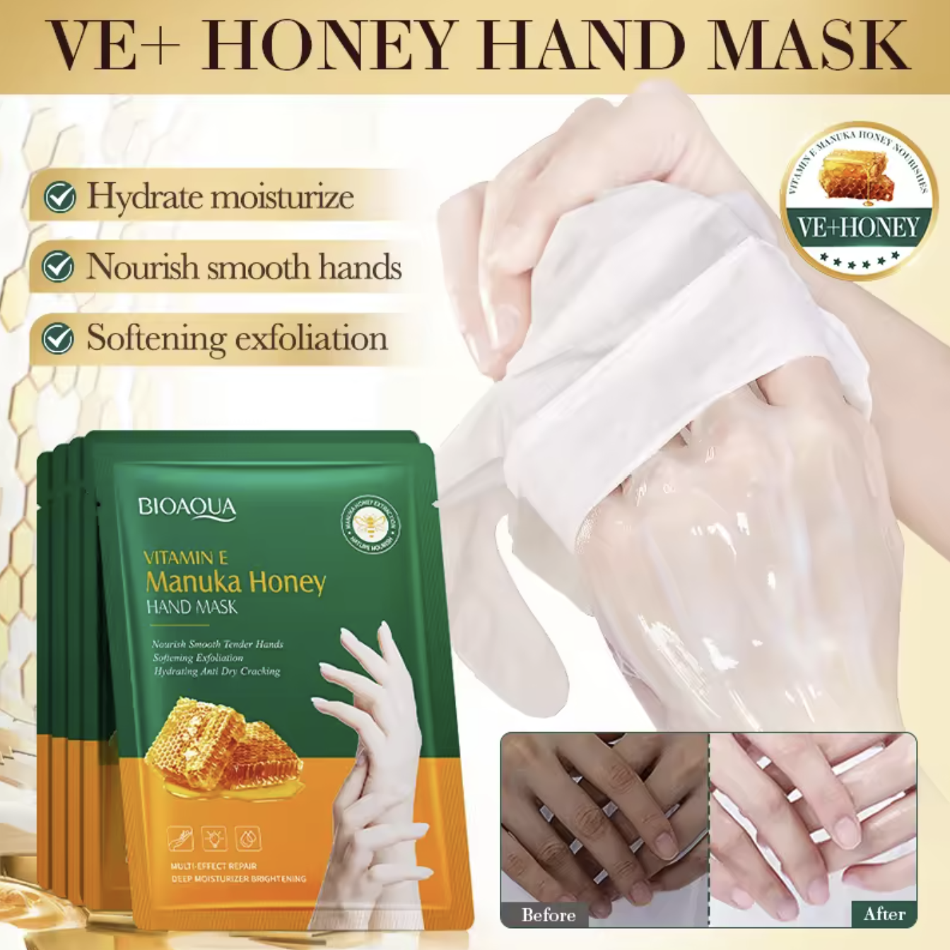 Bioaqua Vitamin E and Mango Honey Hand Mask - Deep Moisturizing, Brightening & Softening (1 pair)